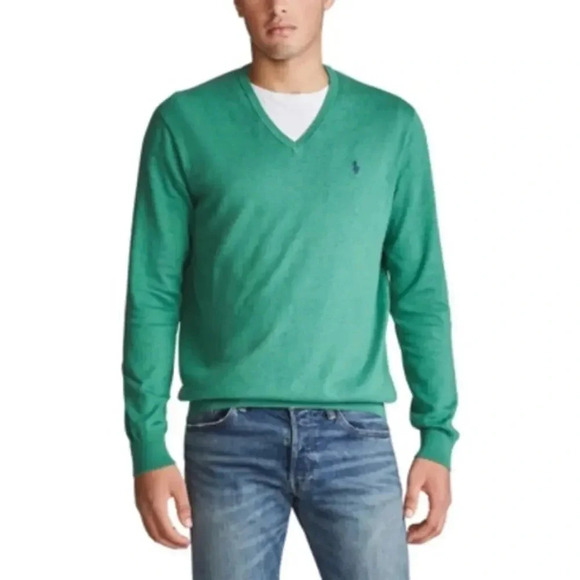 Polo Ralph Lauren V-Neck 100% Pima Cotton Sweater Emerald Green Men's L